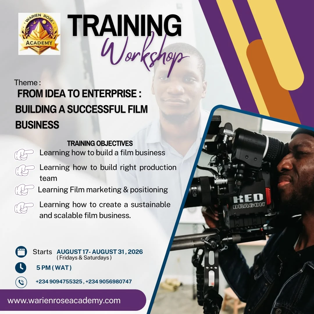 From Idea to Enterprise training workshop flyer with film-business objectives and August 2026 schedule