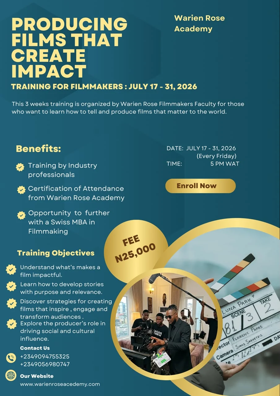 Producing Films That Create Impact training flyer with programme benefits, objectives and July 2026 schedule